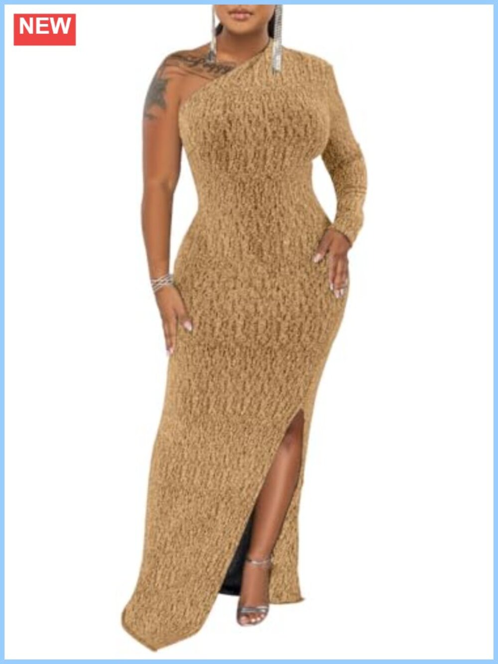 Formal Evening Gown Sparkly One Shoulder Maxi Dress Long Sleeve High Split